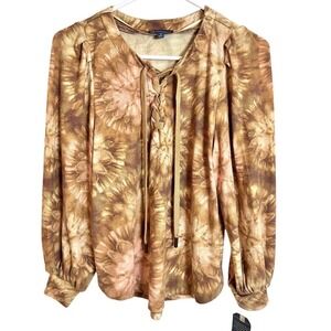 Democracy Women's Blouson Sleeve Lace-Up Front Tie Dye Print Top Size Small NEW